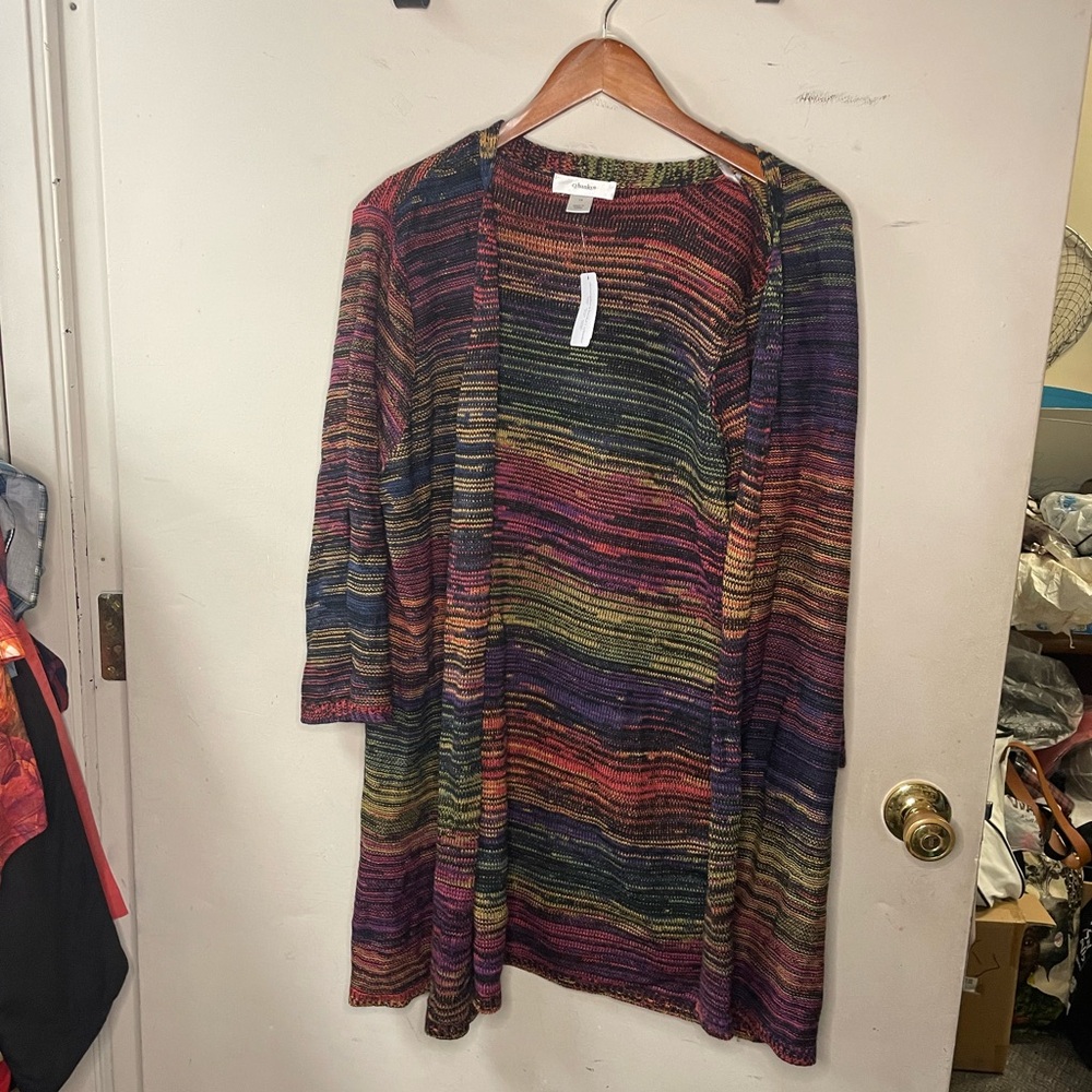 Cj Banks longer length, size 1X, open style multi color cardigan